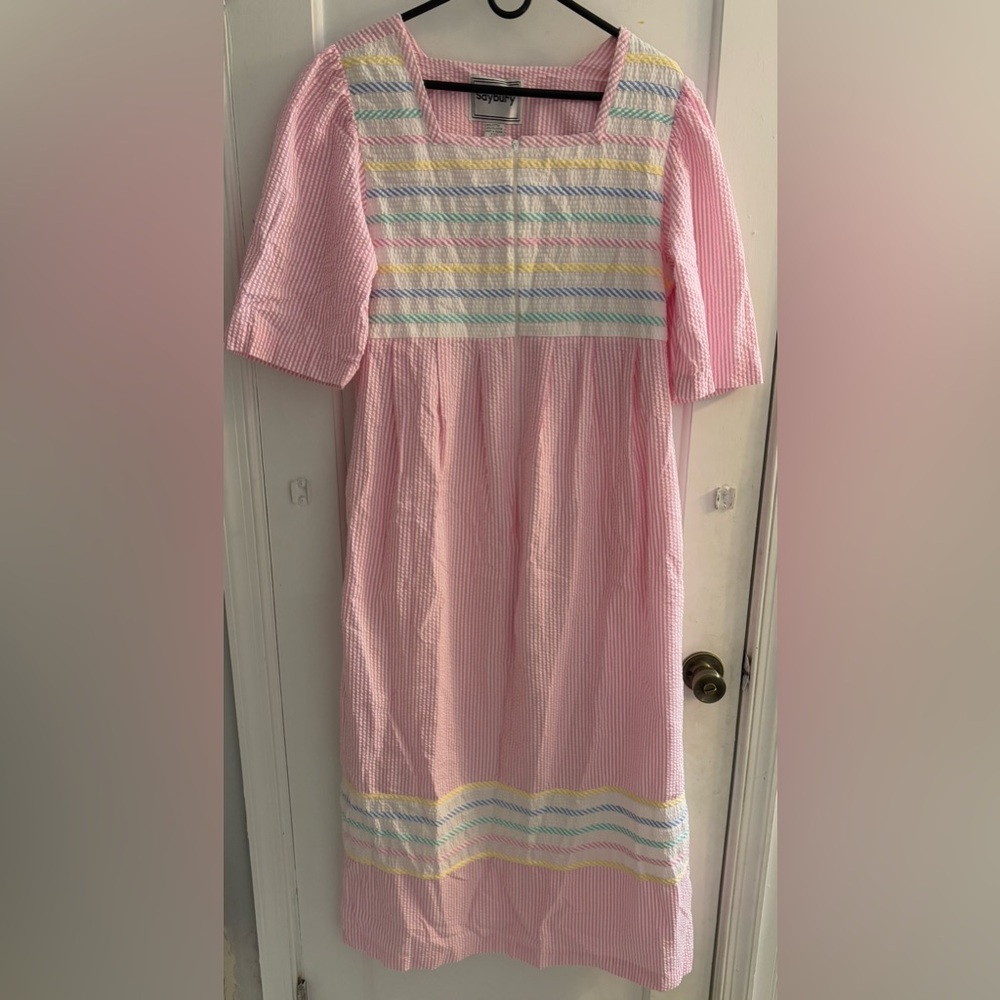 Saybury Womens Pastel Striped Seersucker Nightgown House Dress Size Medium